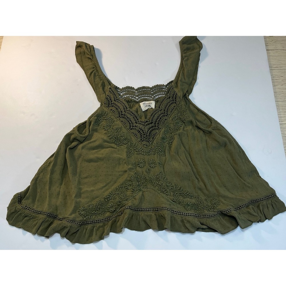 Talisman Crochet Lace Embroidered Crop Top Womens M‎ Olive Green Ethereal Hippie